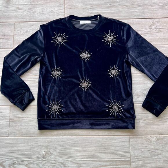 SANDRO Black embroidered beaded Stars Velvet Sweater Size European 2,‎ US S/M - Picture 1 of 9